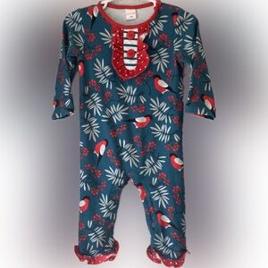 Floral Teal & Red Bird Romper With Ruffles, Size 6M EUC